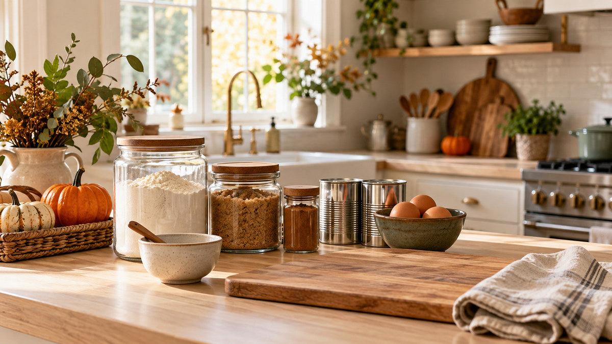 Organized, cozy Thanksgiving kitchen counter with neatly grouped pantry ingredients and warm autumn decorations