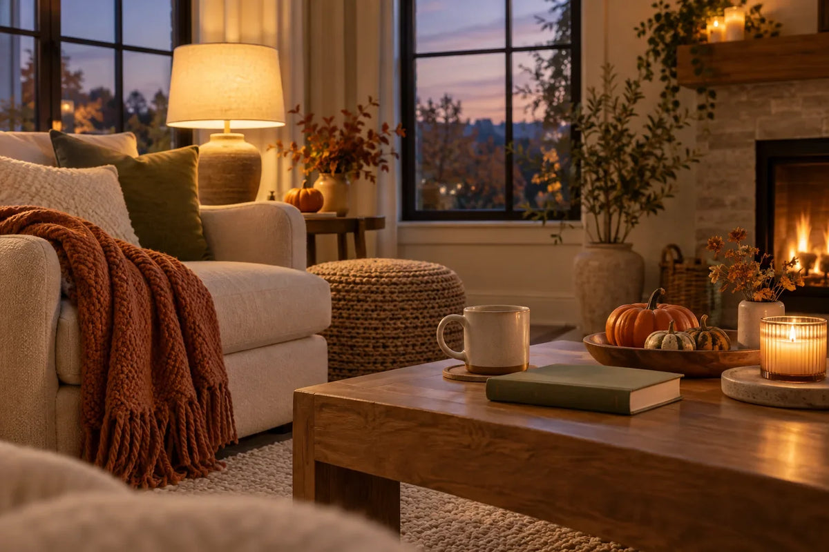 Cozy fall evening living room with warm lamp light, a comfy sofa, a mug and subtle autumn details