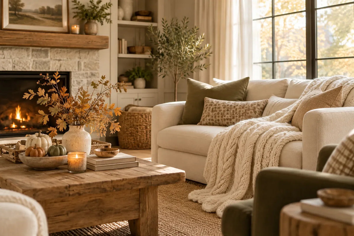 Cozy fall living room with ivory cable knit throw, soft natural light and warm neutral autumn decor