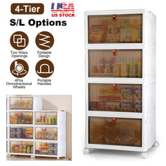 4-Tier Foldable Storage Bins with Lid Front Magnetic Door Collapsible Stackable Closet Organizer Containers with 4Pcs 360¡ Rotatable Wheels