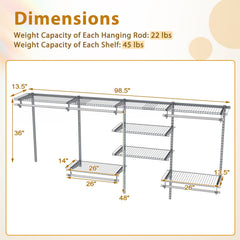 4-8 Feet Closet Organizers and Storage System with Hanging Rod for Laundry Bedroom