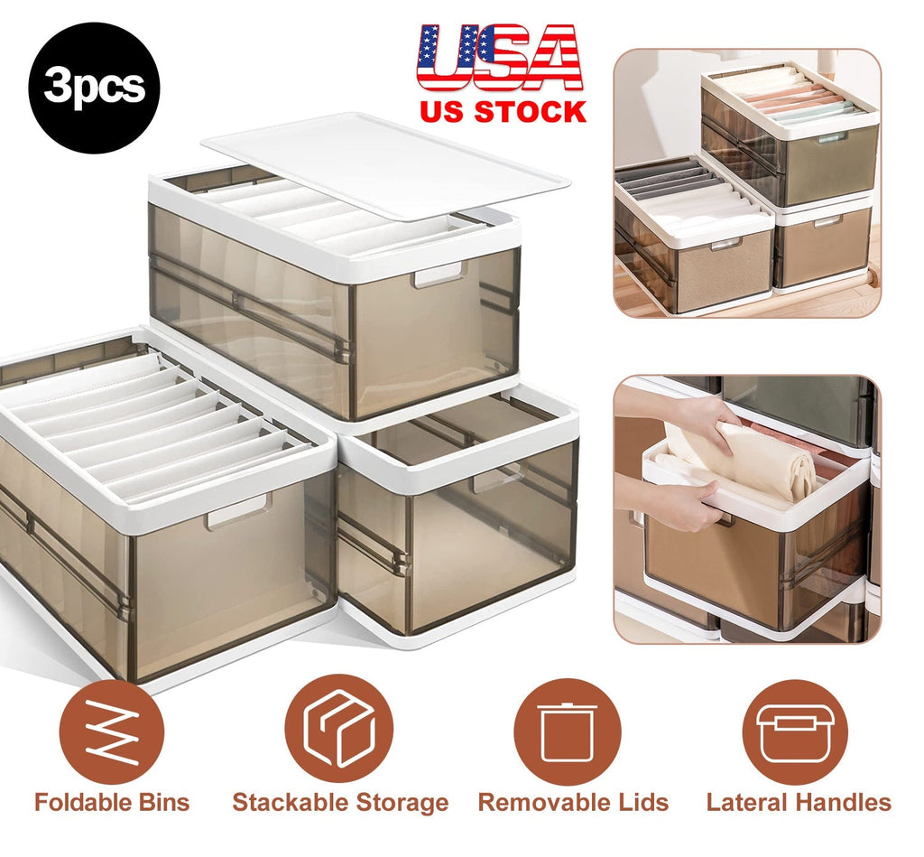 3 Pack Foldable Storage Bin with Lid Stackable Plastic Closet Organizer with Handle Divider Collapsible Drawer Organizer for Toys Clothes