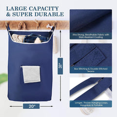 Fine Living Co. Large Hanging Laundry Hamper with Over Door Hooks & Adhesive Durable Space Saving Laundry Bag with Zipper and Wide Open Top Hanging Dorm Laundry Hamper (Navy Blue XL)