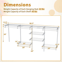 4-8 Feet Closet Organizers and Storage System with Hanging Rod for Laundry Bedroom