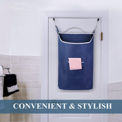 Fine Living Co. Large Hanging Laundry Hamper with Over Door Hooks & Adhesive Durable Space Saving Laundry Bag with Zipper and Wide Open Top Hanging Dorm Laundry Hamper (Navy Blue XL)