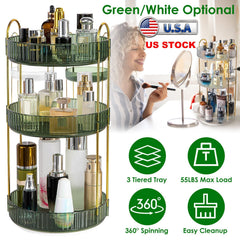 3 Tier Rotating Makeup Organizer 360¡ Spinning Perfume Cosmetic Storage Tray 55LBS Load Countertop Shelves for Lotion Lipstick