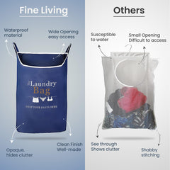 Fine Living Co. Large Hanging Laundry Hamper with Over Door Hooks & Adhesive Durable Space Saving Laundry Bag with Zipper and Wide Open Top Hanging Dorm Laundry Hamper (Navy Blue with Print XL)