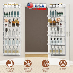 Over The Door Pantry Organizer 6-Tier Pantry Door Organizer Carbon Steel 110LBS Loading Easy Install Behind Door Storage For Closet Kitchen Bathroom 5