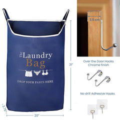 Fine Living Co. Large Hanging Laundry Hamper with Over Door Hooks & Adhesive Durable Space Saving Laundry Bag with Zipper and Wide Open Top Hanging Dorm Laundry Hamper (Navy Blue with Print XL)