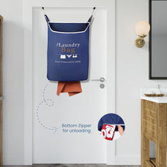 Fine Living Co. Large Hanging Laundry Hamper with Over Door Hooks & Adhesive Durable Space Saving Laundry Bag with Zipper and Wide Open Top Hanging Dorm Laundry Hamper (Navy Blue with Print XL)