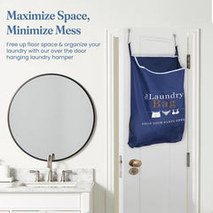 Fine Living Co. Large Hanging Laundry Hamper with Over Door Hooks & Adhesive Durable Space Saving Laundry Bag with Zipper and Wide Open Top Hanging Dorm Laundry Hamper (Navy Blue with Print XL)