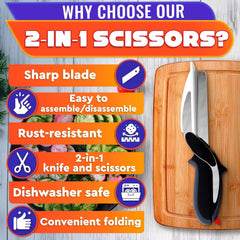 Kitchen Scissors for Food – 2 in 1 Cutting Board Scissors & Knife with Locking Mechanism & Stainless Steel Blades – Multifunctional Kitchen Shears for Effortless Chopping Slicing & Meal Prep