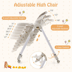 Folding Baby Dining High Chair with Adjustable Height and Recline-Gray