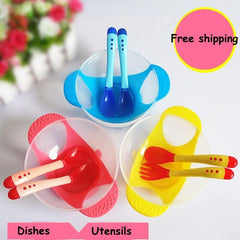 3Pcs Set Baby Dishes With Suction Cup Assist Food Bowl Temperature Sensing Spoon Baby Tableware Baby Utensils Spoon+Fork