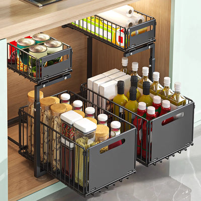 2-Tier Height Adjustable Under basin Organizer with Sliding Mesh Drawers Metal Pull Out Rack Shelf for Kitchen, Bathroom, Pantry