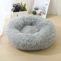 Long Plush Round Animal Bed - Soft Cat Dog House Cushion Mat Pet Sleeping Sofa Basket