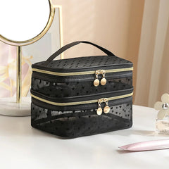 Double-layers Black Mesh Cosmetic Bag Travel Portable Large-Capacity Makeup Case Organizer Storage Pouch Zipper Toiletry Bags