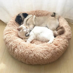 Long Plush Round Animal Bed - Soft Cat Dog House Cushion Mat Pet Sleeping Sofa Basket