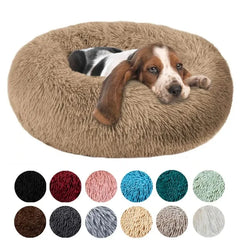 Long Plush Round Animal Bed - Soft Cat Dog House Cushion Mat Pet Sleeping Sofa Basket