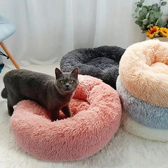 Long Plush Round Animal Bed - Soft Cat Dog House Cushion Mat Pet Sleeping Sofa Basket