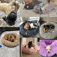 Long Plush Round Animal Bed - Soft Cat Dog House Cushion Mat Pet Sleeping Sofa Basket