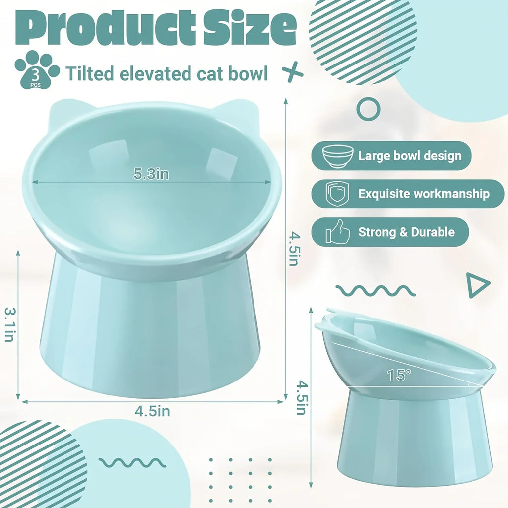 3 Pack Elevated Cat Bowls - 15° Tilted Anti Vomit Slow Feeder Dish with Non-Slip Base, Spine & Neck Support for Cats & Small Dog