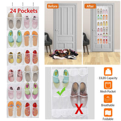 Over the Door Shoes Rack 24-Pocket Crystal Clear Organizer 6-Layer Hanging Storage Shelf for Shoes Slippers Small Toys Closet Cabinet