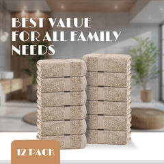 White Classic Taupe Washcloths Set 12 Pack for Body and Face Towel 12x12 Inch Cotton Wash Cloths Bulk Spa Fingertip Wash Clothes Soft Absorbent Gym Towels