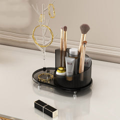 Rotating Makeup Organizer With Jewelry Storage  Large Capacity Cosmetic Display Case Holds 20 Brushes, 10 Lipsticks, 8 Skincare Products 360 Spinning Vanity Organizer For Countertop & Bathroom