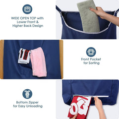 Fine Living Co. Large Hanging Laundry Hamper with Over Door Hooks & Adhesive Durable Space Saving Laundry Bag with Zipper and Wide Open Top Hanging Dorm Laundry Hamper (Navy Blue XL)