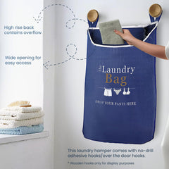 Fine Living Co. Large Hanging Laundry Hamper with Over Door Hooks & Adhesive Durable Space Saving Laundry Bag with Zipper and Wide Open Top Hanging Dorm Laundry Hamper (Navy Blue with Print XL)