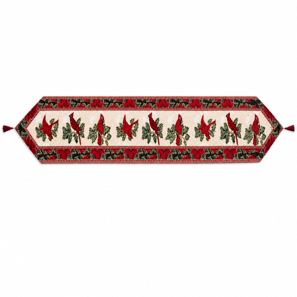 Festive Christmas table runner with cardinal and poinsettia pattern