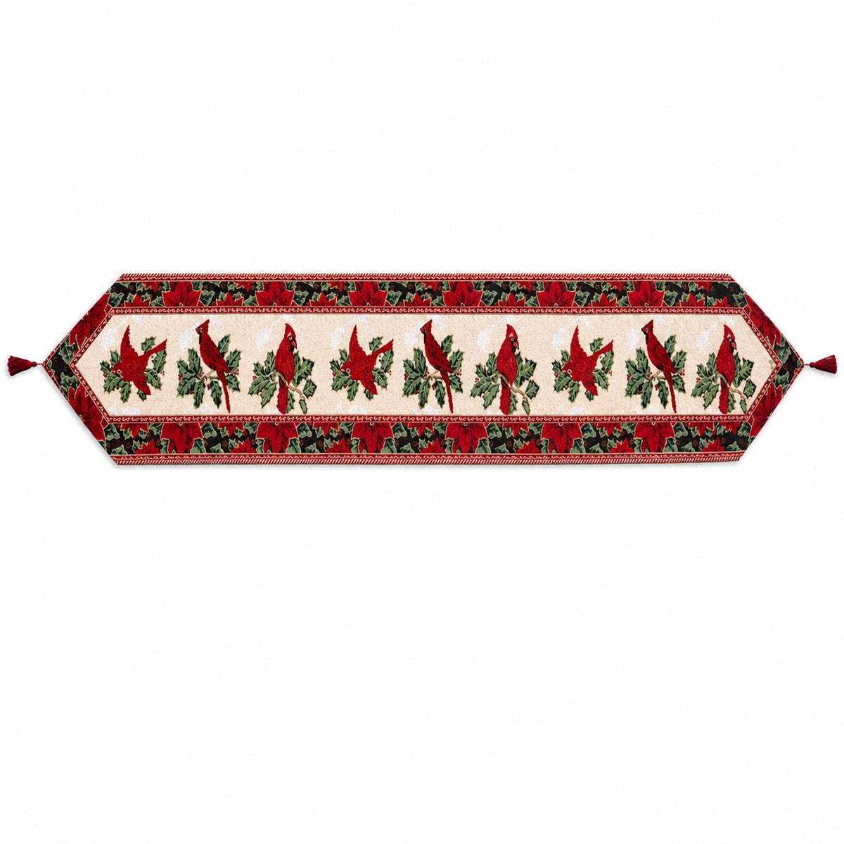 Festive Christmas table runner with cardinal and poinsettia pattern