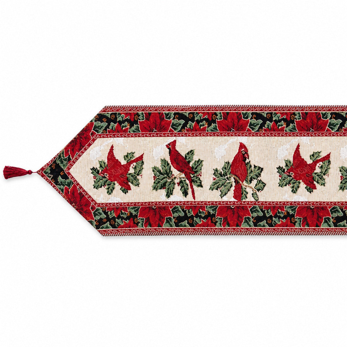 Cardinal and mistletoe motif on a Christmas holiday table runner