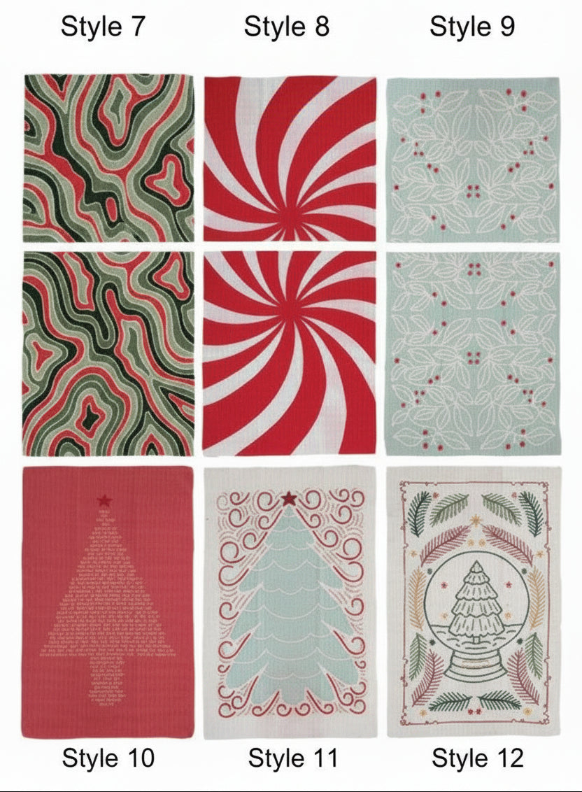 Six festive recycled microfiber holiday tea towel designs